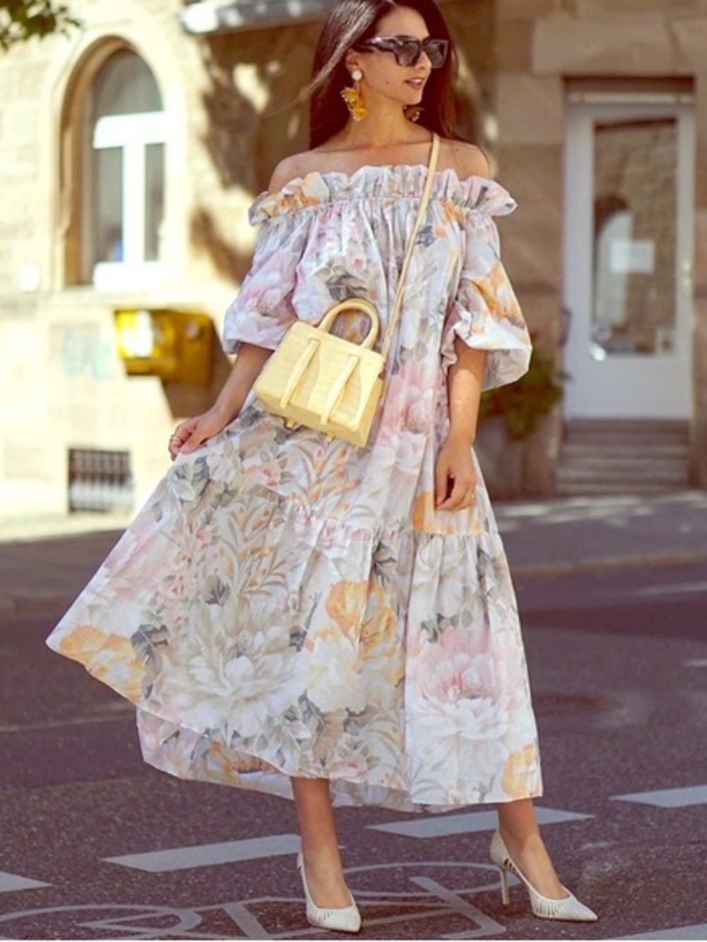 H&M Floral Off-Shoulder Midi Dress in Pastel Pink & Cream